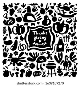 Thanksgiving Day doodles set. Thanksgiving Theme and phrase. Doodle poultry element in trendy style. Traditional symbols - turkey icons, pumpkin, apple. Freehand vector drawings collection isolated