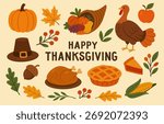 Thanksgiving day elements illustrations set. Autumn holiday items. Turkey, Pumpkin, Pilgrim hat, cornucopia and other. Clipart collection