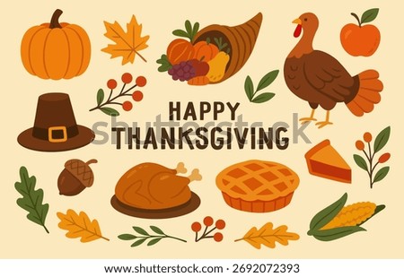 Thanksgiving day elements illustrations set. Autumn holiday items. Turkey, Pumpkin, Pilgrim hat, cornucopia and other. Clipart collection