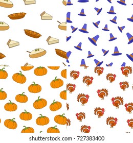 Thanksgiving day elements seamless patterns set. Pastry, mashed potatoes, pilgrim hat, pumpkin, turkey flat vector. American traditional national holiday symbol for autumn harvest festival celebration