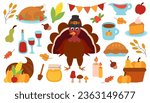 Thanksgiving day elements set. Turkey in pilgrim hat. Pie, cornucopia, corn, wine, candles, garland, honey. Basket pumpkins. Happy Thanksgiving day. Harvest festival. Autumn vector illustration.