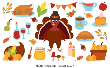 Elementos del día de Acción de Gracias. Turquía con sombrero de peregrino. Pie, cornucopia, maíz, vino, velas, guirnaldas, miel. Calabazas de cesta. Feliz Día de Acción de Gracias. Festival de la cosecha. Ilustración vectorial de otoño.