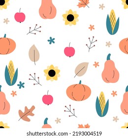 Thanksgiving Day event seamless pattern of vector symbol, design element, sign. Thanksgiving Day design. Pumpkin, autumn leaves and flowers, fruit, corn