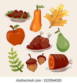 Thanksgiving day fall autumn object food drinks leaves vegetables fruits simple art drawing vector illustration eps 10