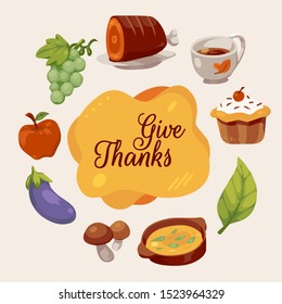 Thanksgiving day fall autumn object food drinks leaves vegetables fruits simple art drawing vector illustration eps 10