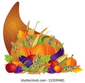 Thanksgiving Day Fall Harvest Cornucopia with Pumpkins eggplants apples grapes wheat grain corns fruits vegetables vector illustration