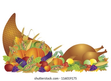 Thanksgiving Day Fall Harvest Cornucopia with Turkey Dinner Feast Pumpkins Fruits and Vegetables Vector illustration