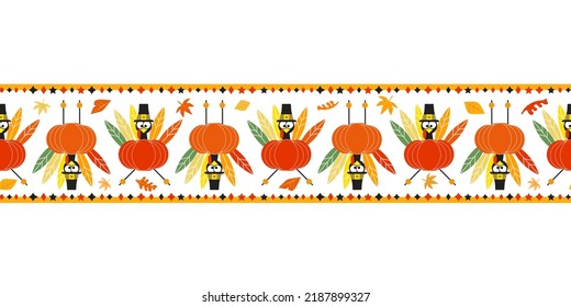 Thanksgiving Day Fall holiday fancy seamless vector flat border pattern. Cute turkey pumpkin cartoon design element. Hand drawn autumn Fall harvest holiday festival celebration background illustration