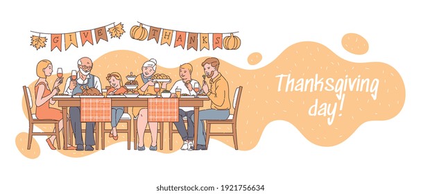 Thanksgiving Day Family Dinner Banner With Cartoon People Eating Holiday Meal Together Over Big Table With Festive Decorations And Turkey. Vector Illustration