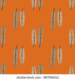 Thanksgiving Day. Feather turkey. Seamless pattern. Orange background. Vector illustration.
