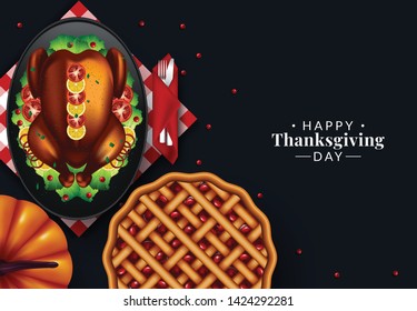 Thanksgiving Day festive dinner banner with autumn leaf frame. Roasted turkey with pumpkin, corn vegetable