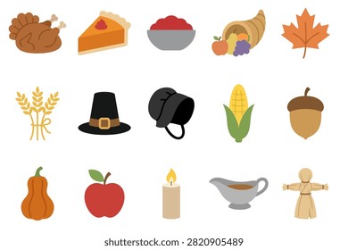 Thanksgiving day flat icons set with turkey pie cornucopia and autumn harvest elements on white background