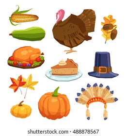 Thanksgiving day flat icons set with traditional holiday symbols isolated vector illustration