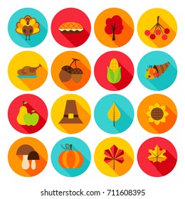 Thanksgiving Day Flat Icons. Vector Illustration. Set of Circle Fall Seasonal Holiday Objects.