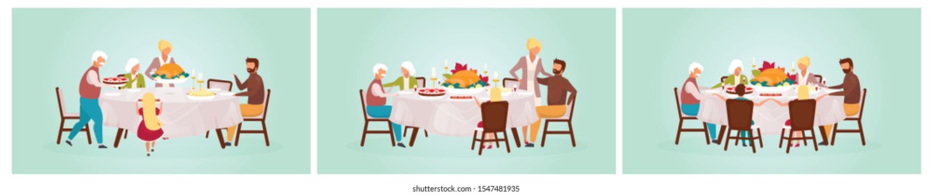 Thanksgiving day flat vector illustration set. Fall holiday celebration. Eating festive meal together. Celebrating harvest with grandparents. Happy family dinner with turkey cartoon characters