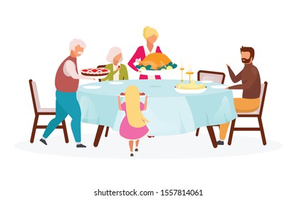 Thanksgiving day flat vector illustration. Fall holiday celebration. Annual festive meal. Celebrating harvest together. Family dinner with turkey isolated cartoon character on white background