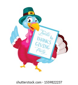 Thanksgiving day flat vector illustration. Turkey with traditional hat. Fall annual holiday celebration. Pilgrims turkey with party invitation isolated cartoon character on white background