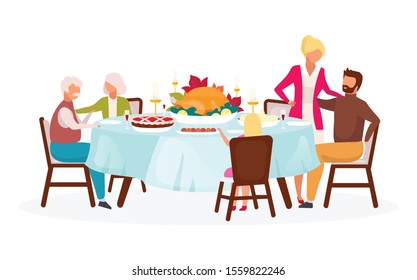 Thanksgiving day flat vector illustration. Fall holiday celebration. Annual festive meal. Celebrating harvest together. Family dinner with turkey isolated cartoon character on white background