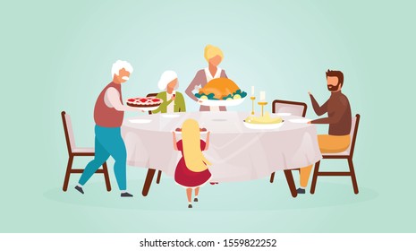 Thanksgiving day flat vector illustration. Fall holiday celebration. Annual festive meal. Celebrating harvest together with grandparents. Family dinner with turkey cartoon characters