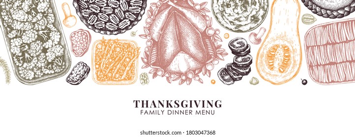 Thanksgiving day food banner design in color. With roasted turkey, cooked vegetables, rolled meat, baking cakes and pies sketches. Vintage autumn food template. Vector Thanksgiving day background.