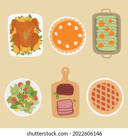 Thanksgiving day food. Design elements of thanksgiving celebration harvest. Traditional turkey, pumpkin cheesecake, berry pie, vegetable, roast beef. Autumn holiday season. Vector illustration set.