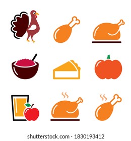 Thanksgiving Day Food Icons Set - Turkey, Pumpkin Pie, Cranberry Sauce, Apple Juice Design In Color. 
Celebrating Thanksgiving - Design Elements Isolated On White 