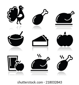 Thanksgiving Day food icons set - turkey, pumpkin pie, cranberry sauce, apple juice