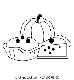 Thanksgiving day food pie cake piece and pumpkin cartoons vector illustration graphic design