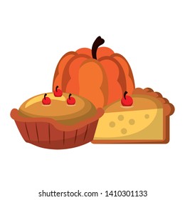 Thanksgiving day food pie cake piece and pumpkin cartoons vector illustration graphic design