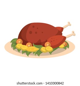 Thanksgiving day food roast chicken on dish with lemons cartoons vector illustration graphic design