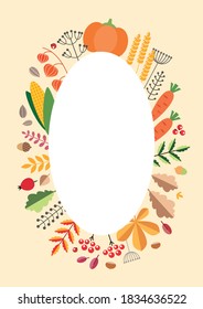 Thanksgiving Day frame. Autumn oval wreath made of vegetables, autumn leaves and berries on a light brown background. Vector 8 EPS.