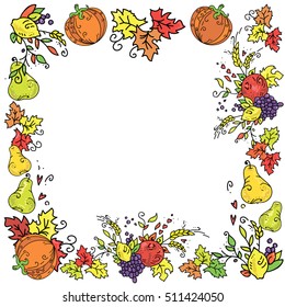 Thanksgiving day frame for card. Hand drawn doodle colored border with fruits and vegetables isolated on white background. Vector illustration.