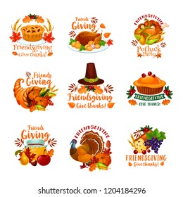 Thanksgiving Day and Friendsgiving potluck dinner icons with autumn holiday meal. Vector roasted turkey, orange pumpkin vegetable and harvest cornucopia, pilgrim hat, fallen maple leaves and fruit pie