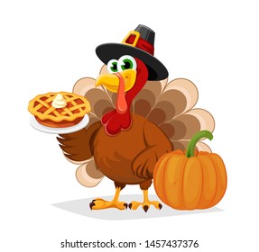 Thanksgiving Day. Funny cartoon character turkey bird in pilgrim hat holds sweet pie and stands near big pumpkin. Vector illustration