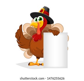 Thanksgiving Day. Funny cartoon character turkey bird in pilgrim hat stands with blank placard. Vector illustration