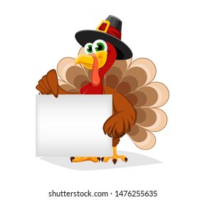 Thanksgiving Day. Funny cartoon character turkey bird in pilgrim hat holds blank placard. Vector illustration