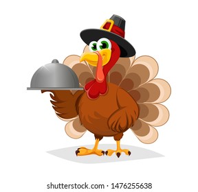 Thanksgiving Day. Funny cartoon character turkey bird in pilgrim hat holds domed tray. Vector illustration on white background