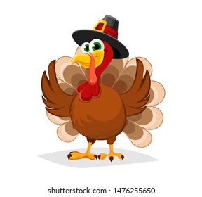 Thanksgiving Day. Funny Cartoon Character Turkey Bird In Pilgrim Hat. Vector Illustration