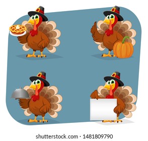 Thanksgiving Day. Funny cartoon character turkey bird in pilgrim hat, set of four poses. Vector illustration