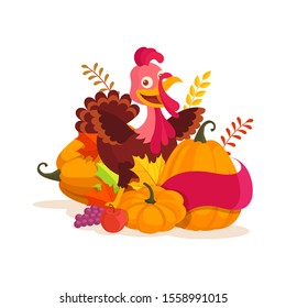 Thanksgiving Day. A funny cartoon character of a turkey bird and stands near a large pumpkin. Vector illustration on a white background.