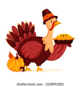 Thanksgiving Day. Funny cartoon character turkey bird in a pilgrim hat holds a sweet cake and stands near a large pumpkin. Vector illustration on a white background.