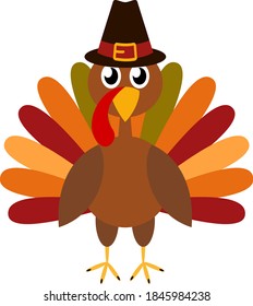 Día de Acción de Gracias. El divertido personaje de dibujos animados turkey bird con sombrero de peregrino. Ilustración del vector aislada en blanco