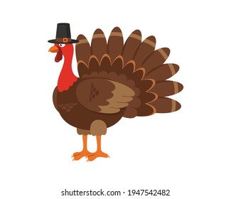 Thanksgiving Day. Funny cartoon character turkey bird in pilgrim hat. Vector illustration