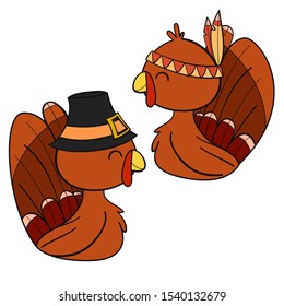 Thanksgiving Day. Funny cartoon turkey bird in pilgrim hat. Vector illustration isolated on white background.