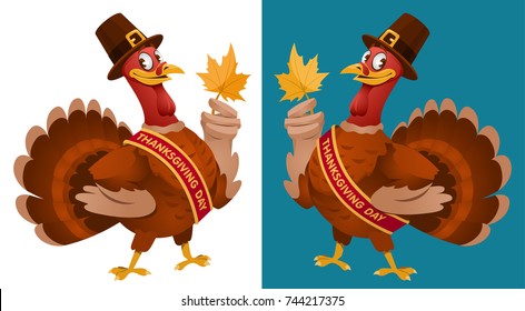 Thanksgiving Day. Funny cartoon turkey in a pilgrim hat keeps the autumn leaf. Vector illustration. On dark background and isolated on white. Elements is grouped. No transparent objects.