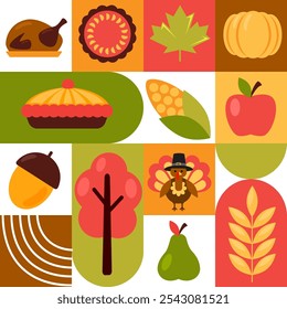 Thanksgiving Tag geometrischen Mosaik Hintergrund mit Symbolen des Urlaubs. Herbstlicher festlicher Hintergrund, Textur, Banner, Flyer, Einladung