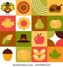 Thanksgiving Tag geometrischen Mosaik Hintergrund mit Symbolen des Urlaubs. Herbstlicher festlicher Hintergrund, Textur, Banner, Flyer, Einladung