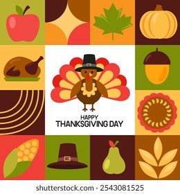 Thanksgiving Tag geometrischen Mosaik Hintergrund mit Symbolen des Urlaubs. Herbstlicher festlicher Hintergrund, Textur, Banner, Flyer, Einladung