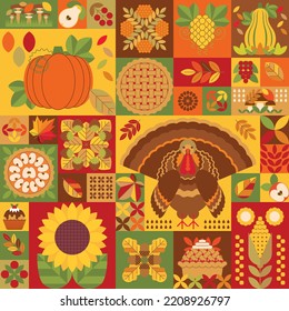 Thanksgiving day geometric mosaic pattern with turkey, pumpkin, sunflower, pie, mushrooms, leaves. Autumnal modern background. Wallpaper, decorative texture for textile, fabric, packaging