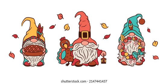 Thanksgiving day gnomes cartoon characters. Cute gnome pilgrim, gmome with cartoon turkey, dwarf with pumpkin pie. Happy thanksgiving print for greeting card, t-shirt.